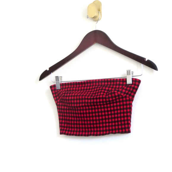 I AM GIA Alexis Checkered Strapless Crop Top Red Black SZ S - Picture 7 of 12